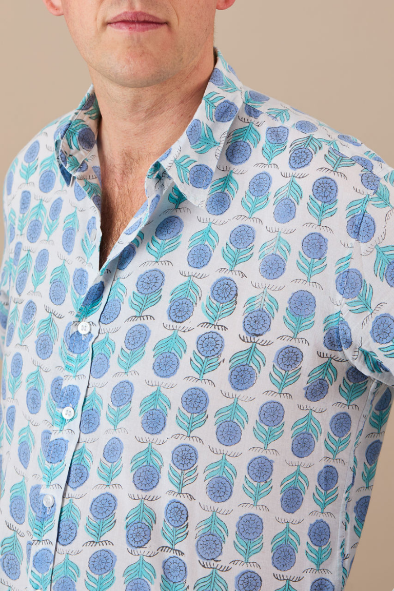 Classic Shirt White with Sky Blue Flowers