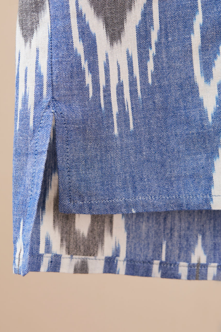 Kurta-style Shirt - Blue With Black and White Ikat