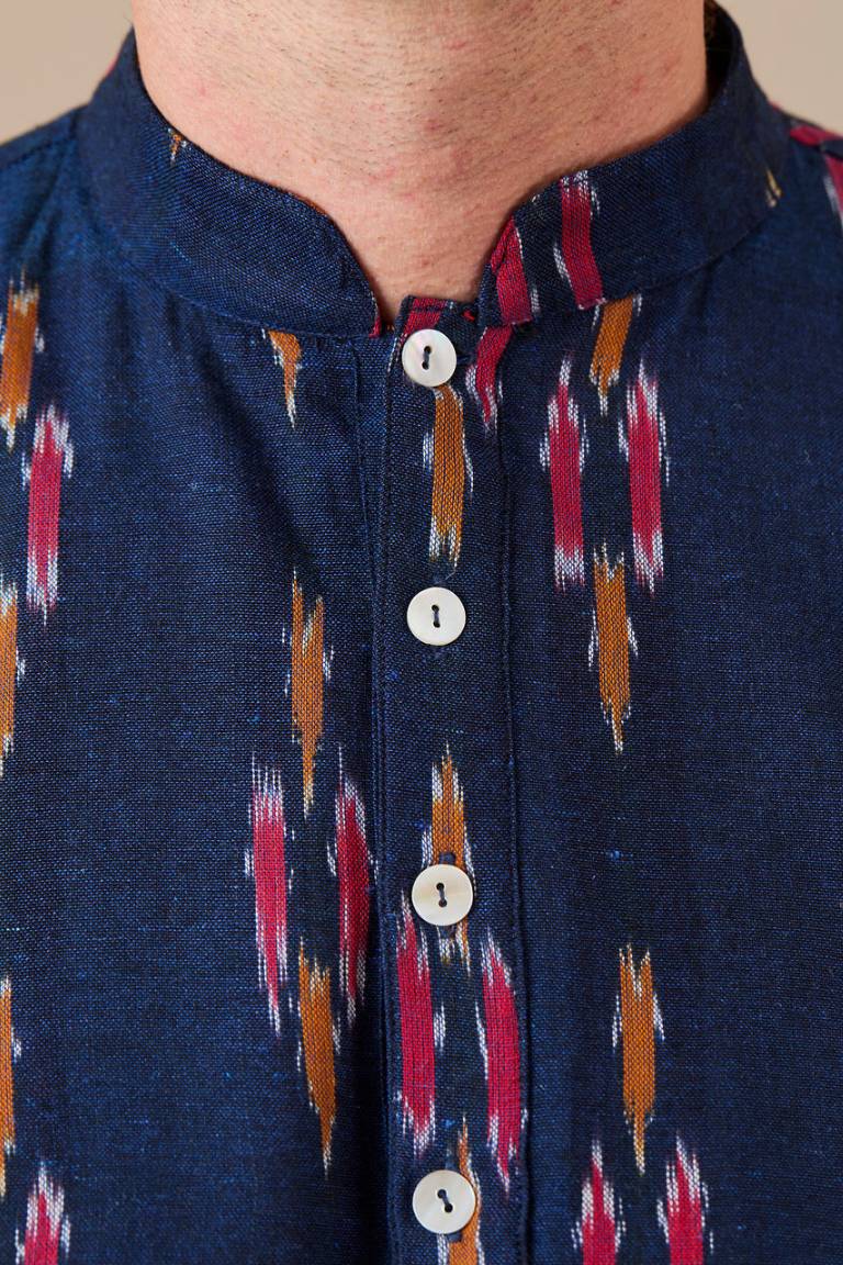 Kurta style Shirt - Navy with Yellow and Red Ikat