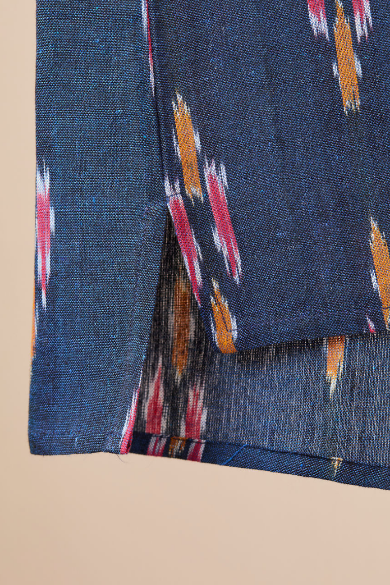 Kurta style Shirt - Navy with Yellow and Red Ikat