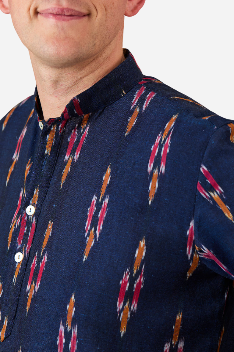 Kurta style Shirt - Navy with Yellow and Red Ikat