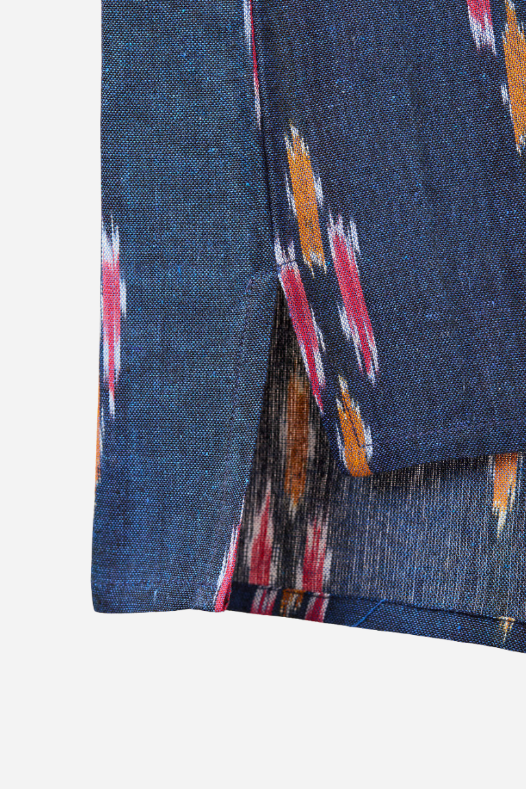 Kurta style Shirt - Navy with Yellow and Red Ikat
