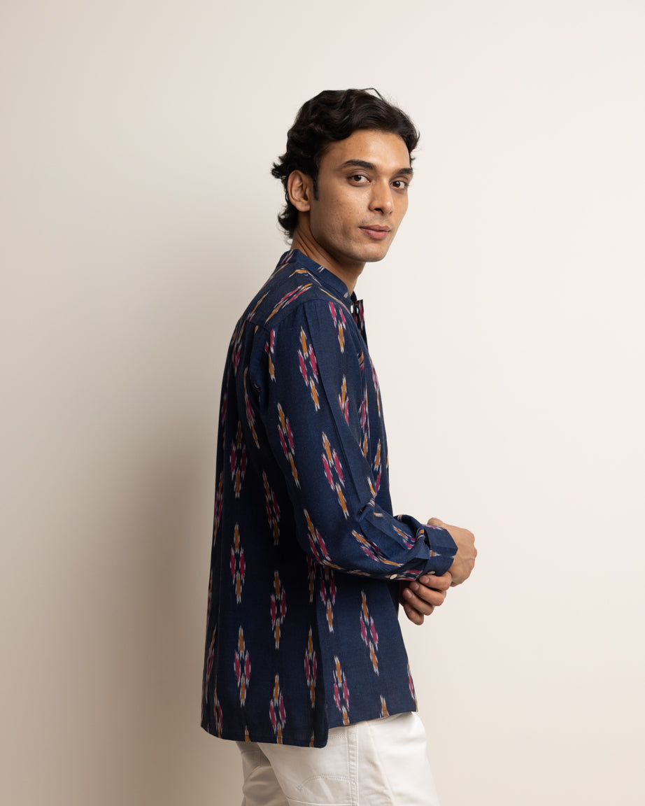 KURTA SHIRT - NAVY WITH RED & YELLOW IKAT
