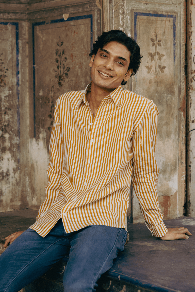 Mustard Stripe men's linen shirt, hand block printed stripe on handloomed linen, classic collar, Doon Threads