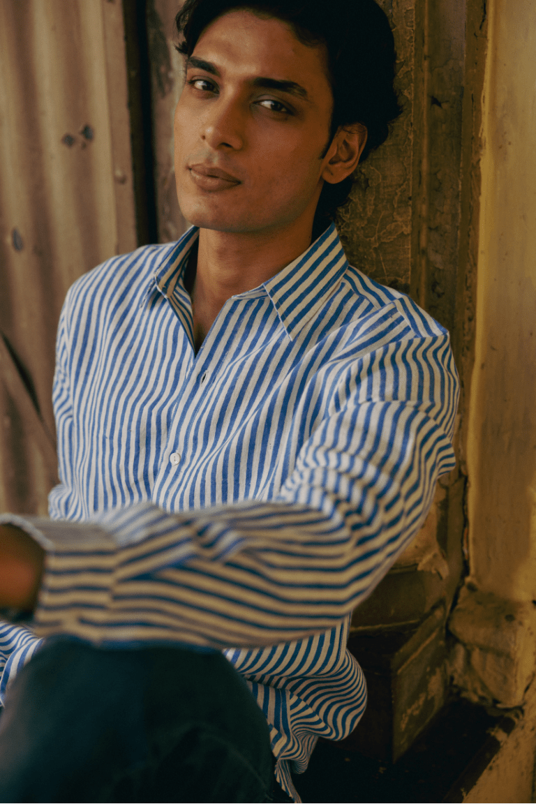 Saras Blue Stripe men's linen shirt, hand block printed stripe on handloomed linen, classic collar, Doon Threads