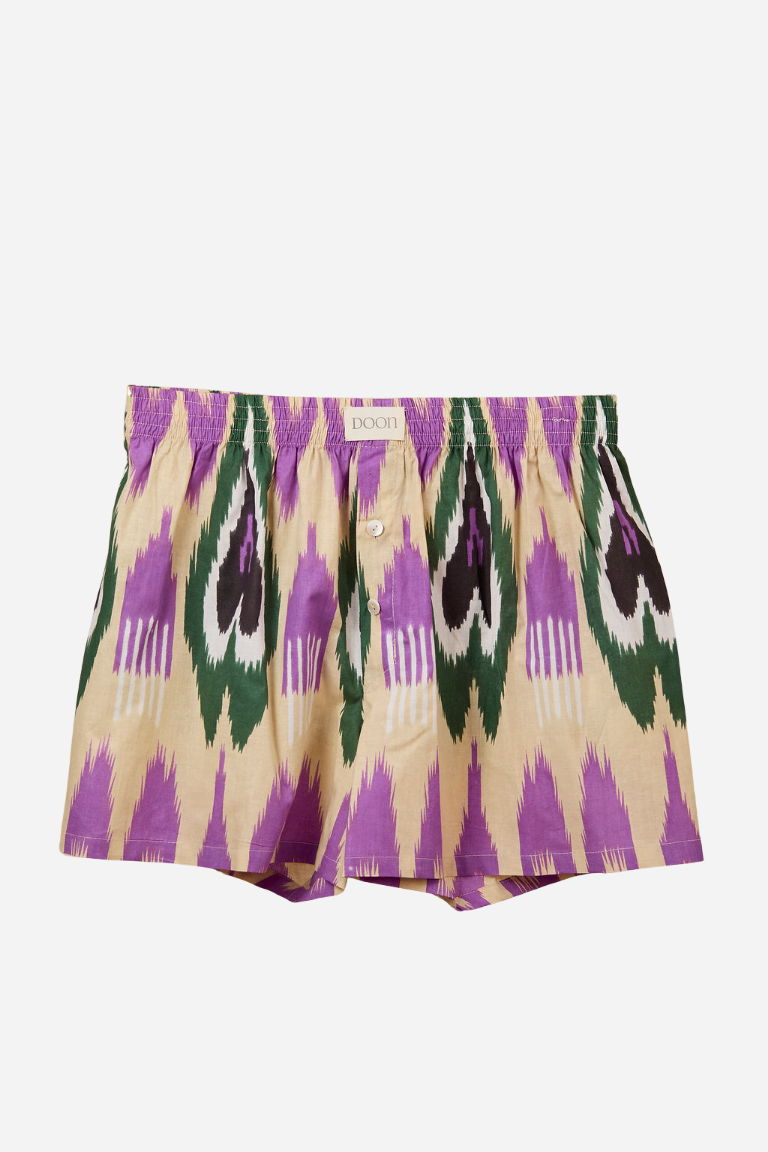 Ikat Boxer Shorts - Purple Beige Green