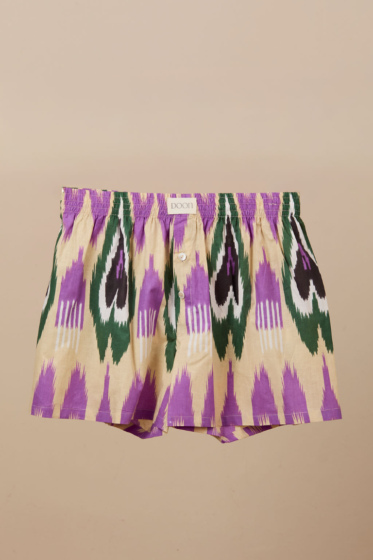 Ikat Boxer Shorts - Purple Beige Green