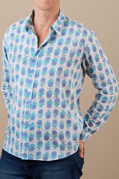 Classic Shirt White with Sky Blue Flowers