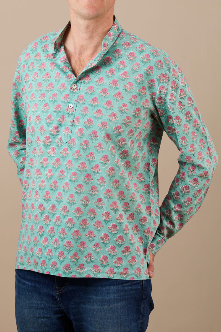 Kurta-style band collar - Viridian Green with Pink Flowers