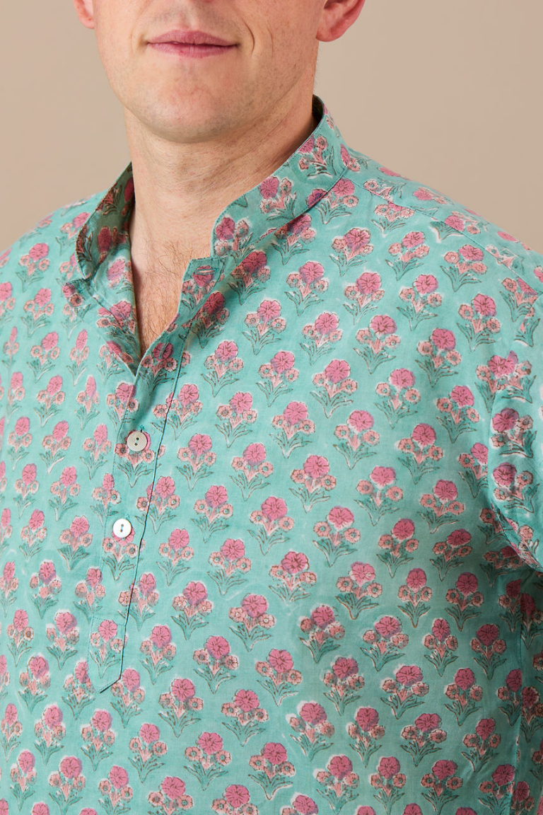 Kurta-style band collar - Viridian Green with Pink Flowers