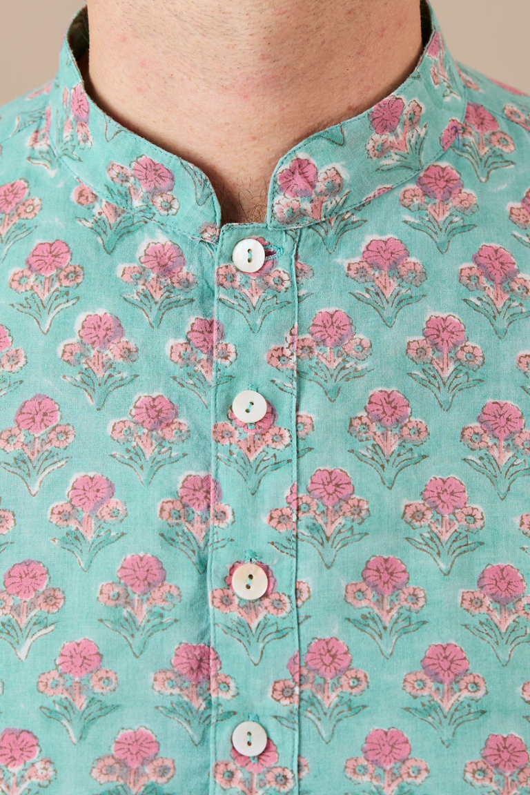 Kurta-style band collar - Viridian Green with Pink Flowers