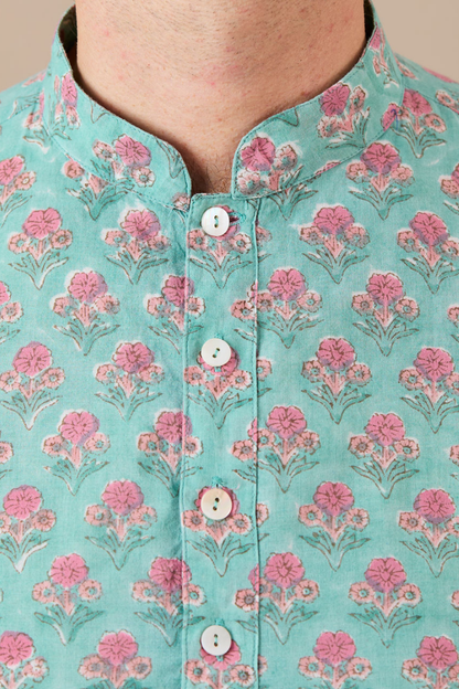 Kurta-style band collar - Viridian Green with Pink Flowers