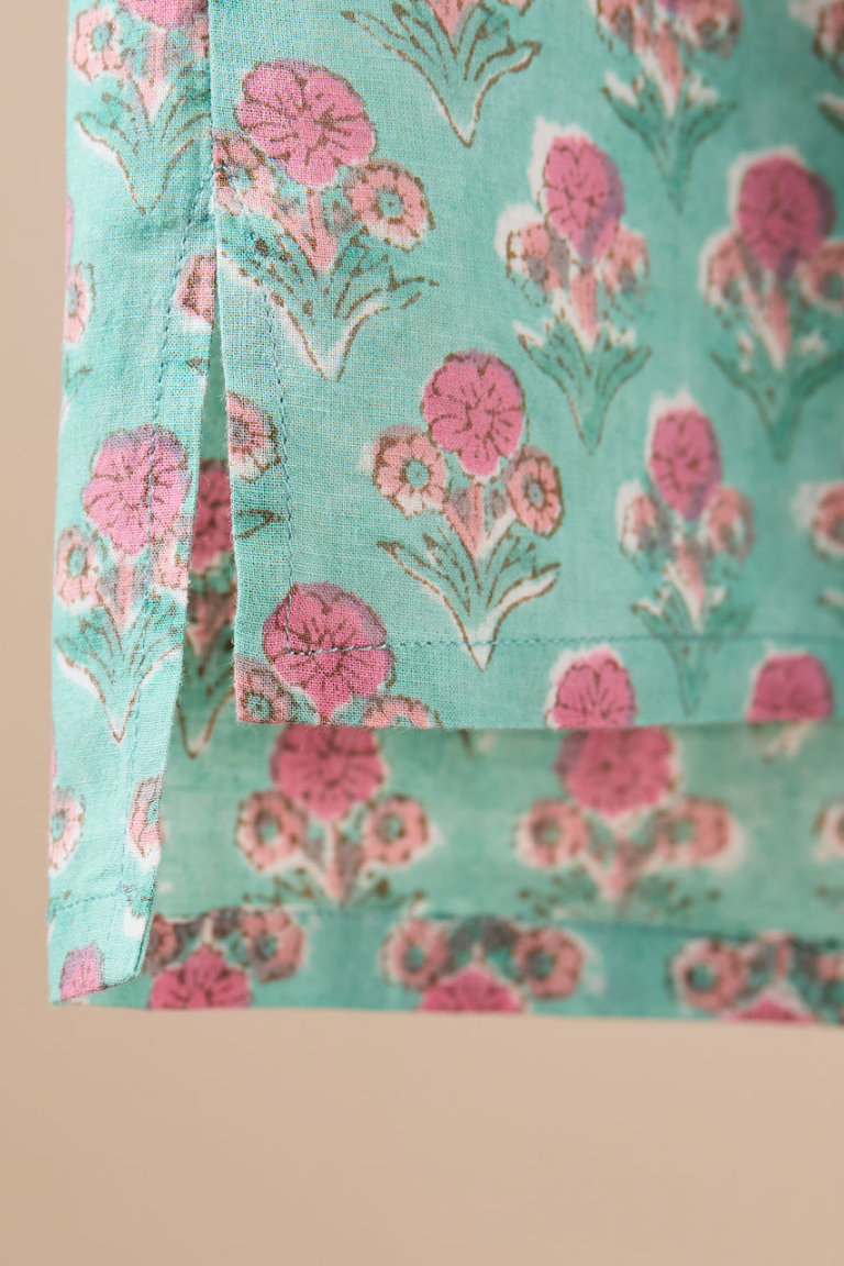 Kurta-style band collar - Viridian Green with Pink Flowers