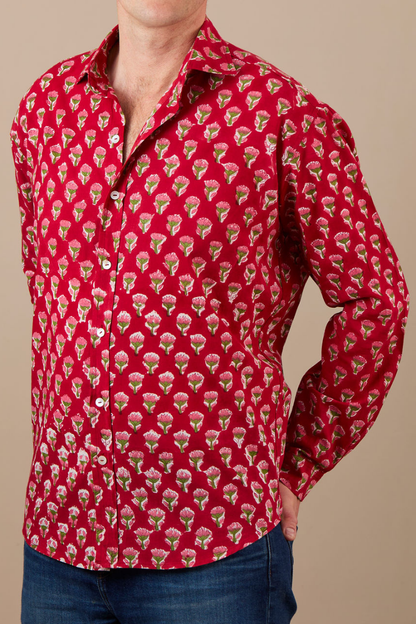 Classic Shirt Red with Green and Pink Flowers