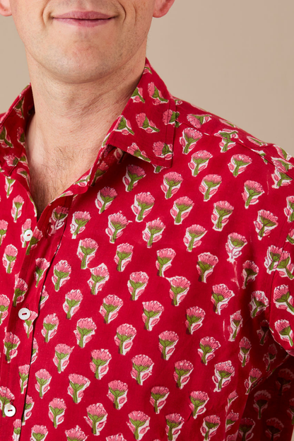 Classic Shirt Red with Green and Pink Flowers