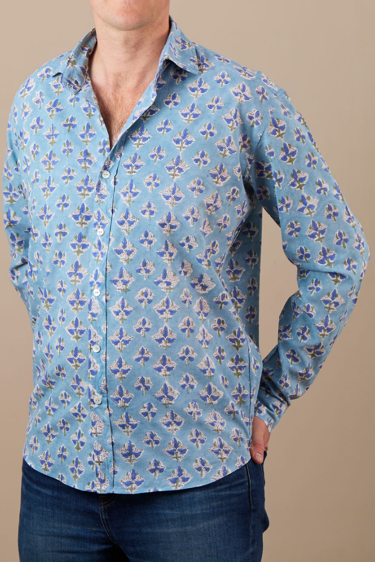 Classic collar Shirt Blue, Pink with Blue Flowers