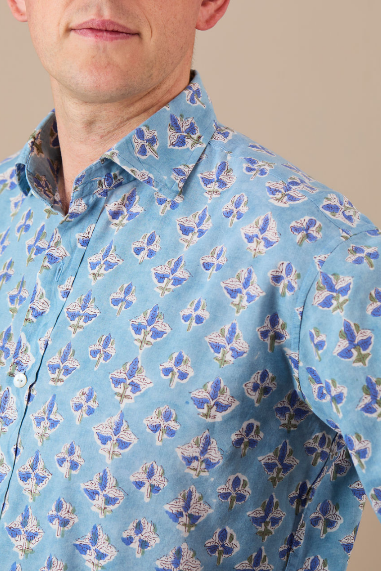 Classic collar Shirt Blue, Pink with Blue Flowers