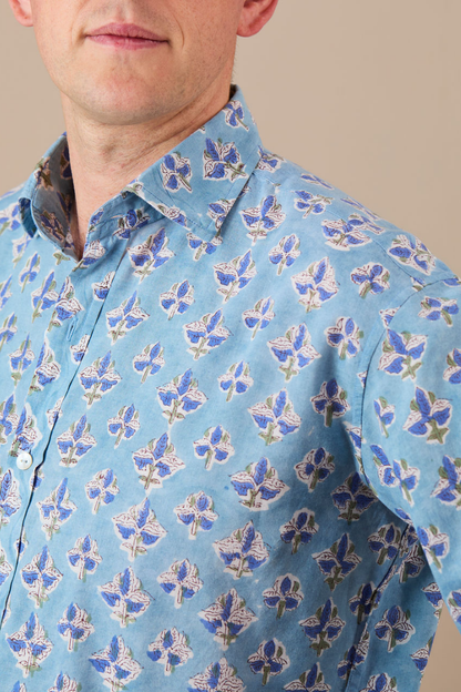 Classic collar Shirt Blue, Pink with Blue Flowers