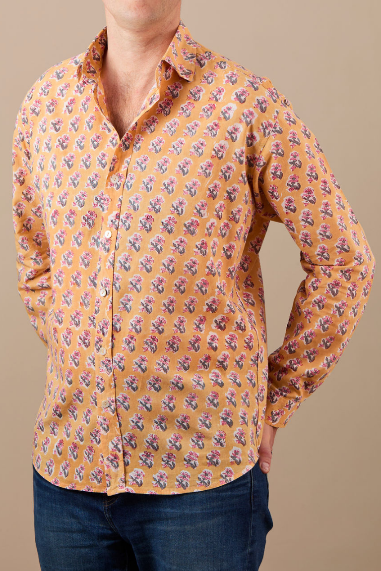 Classic Shirt Peach with Blue and Pink Flowers