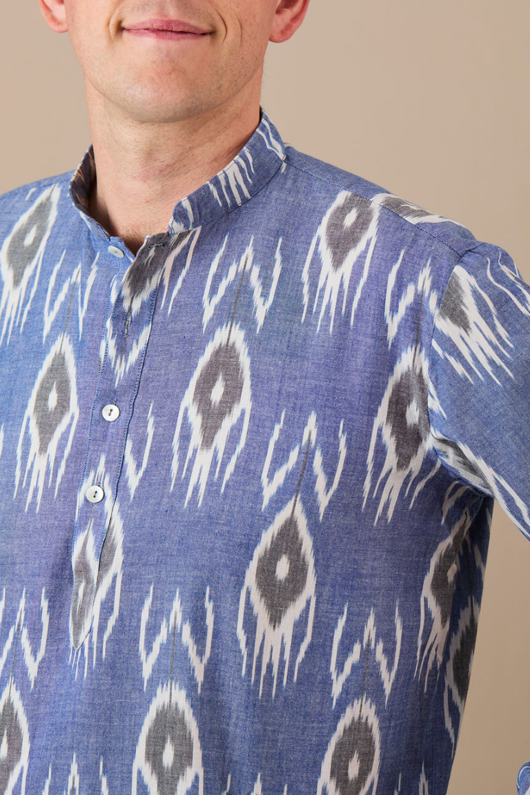Kurta-style Shirt - Blue With Black and White Ikat