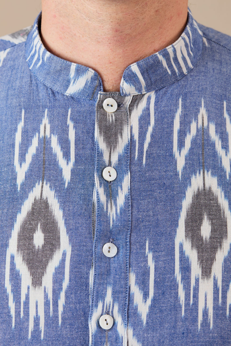Kurta-style Shirt - Blue With Black and White Ikat