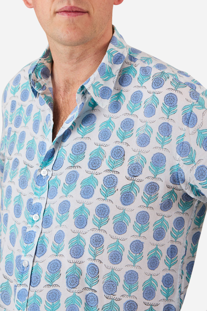 Classic Shirt White with Sky Blue Flowers