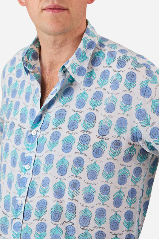 Classic Shirt White with Sky Blue Flowers