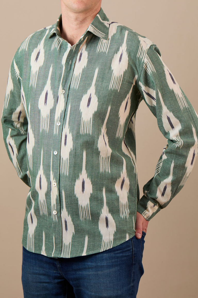 CLASSIC SHIRT - Khaki with Black and White Ikat