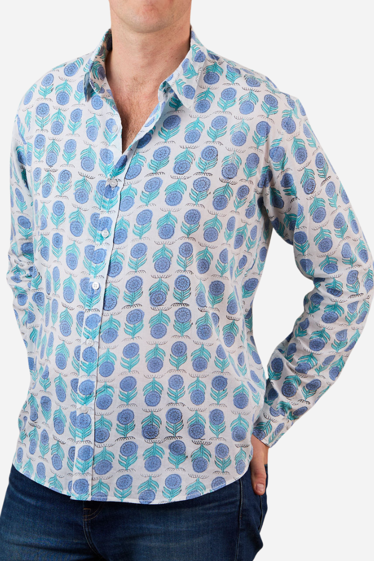 Classic Shirt White with Sky Blue Flowers