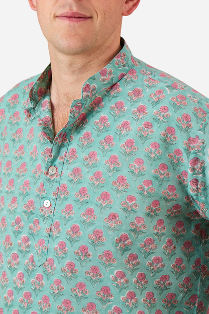 Kurta-style band collar - Viridian Green with Pink Flowers