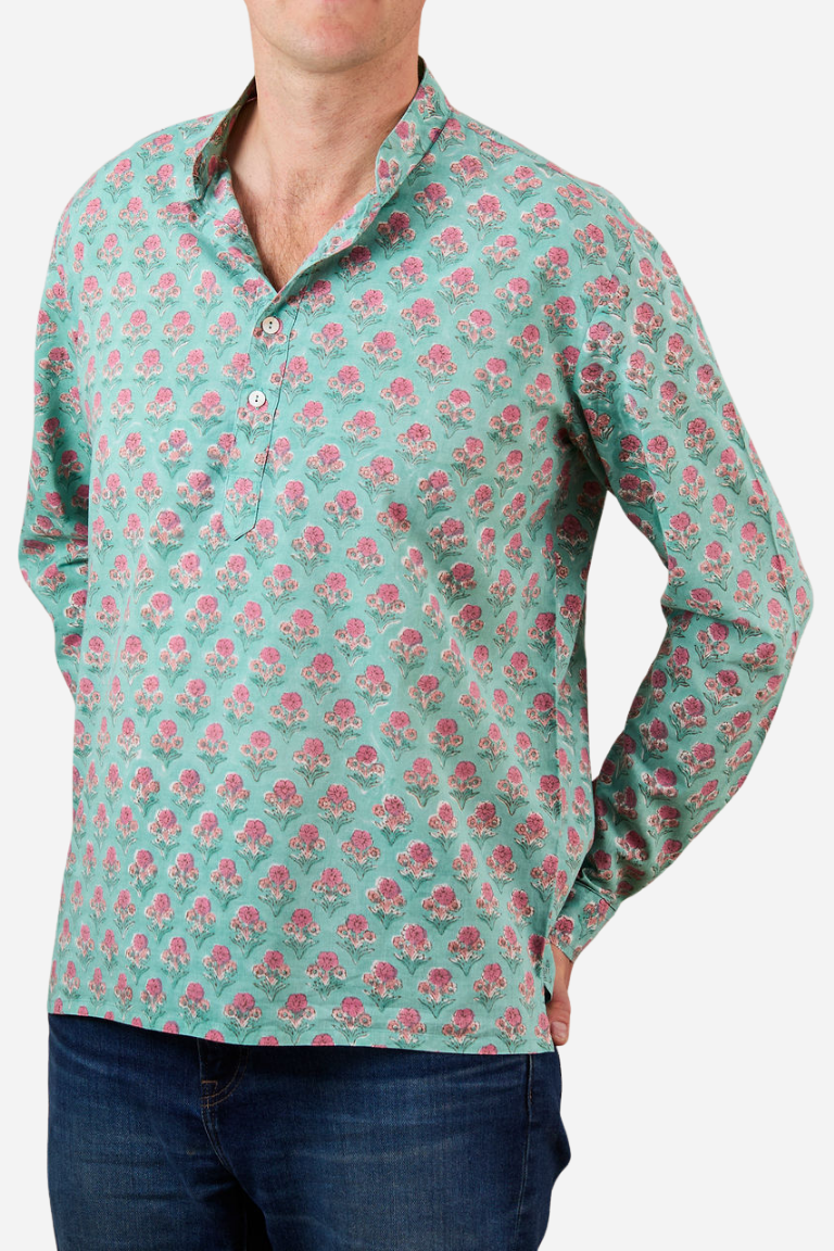Kurta-style band collar - Viridian Green with Pink Flowers