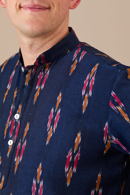 Kurta style Shirt - Navy with Yellow and Red Ikat