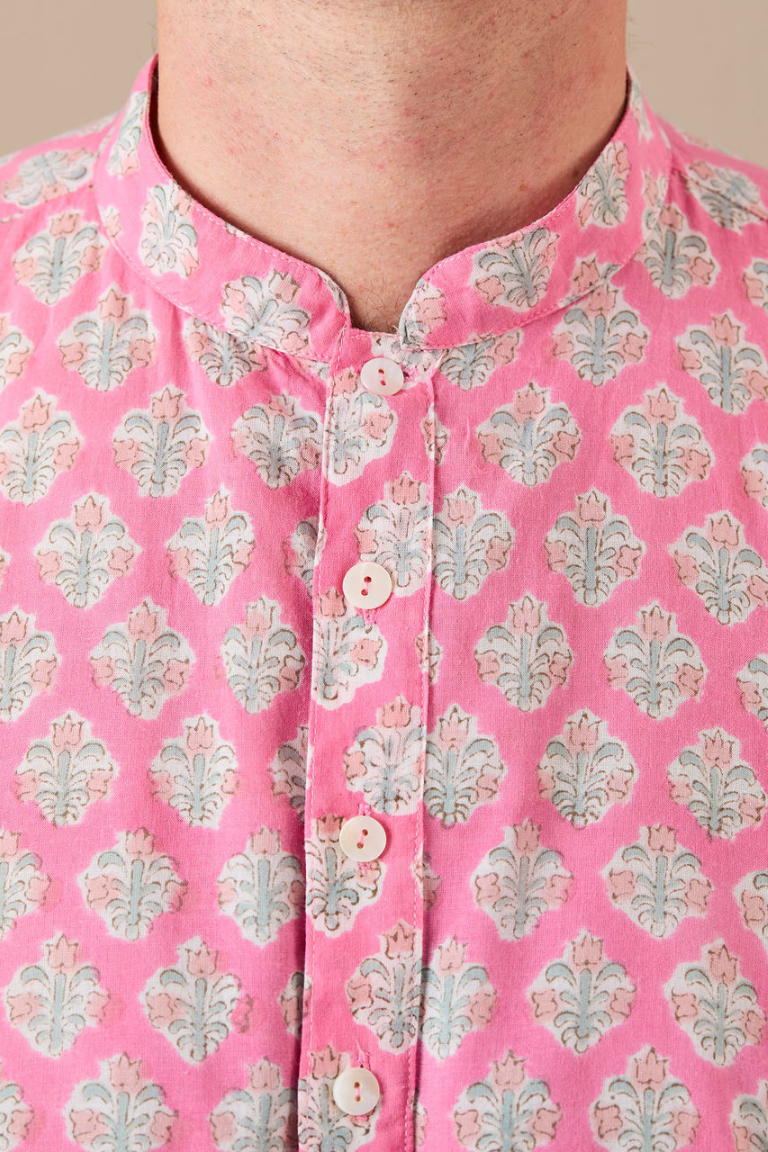 Kurta-style band collar Shirt Blue, Pink with Blue Flowers