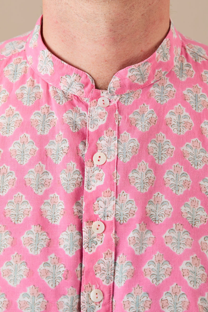 Kurta-style band collar Shirt Blue, Pink with Blue Flowers