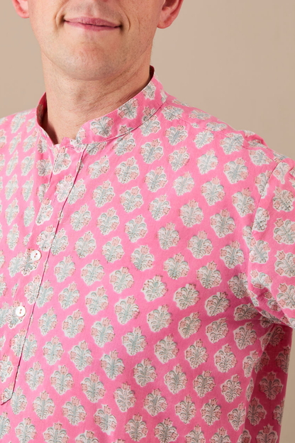 Kurta-style band collar Shirt Blue, Pink with Blue Flowers
