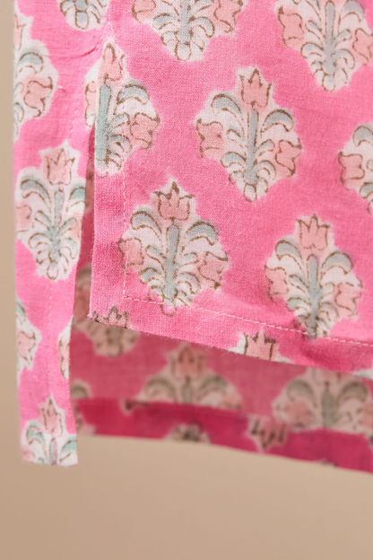 Kurta-style band collar Shirt Blue, Pink with Blue Flowers