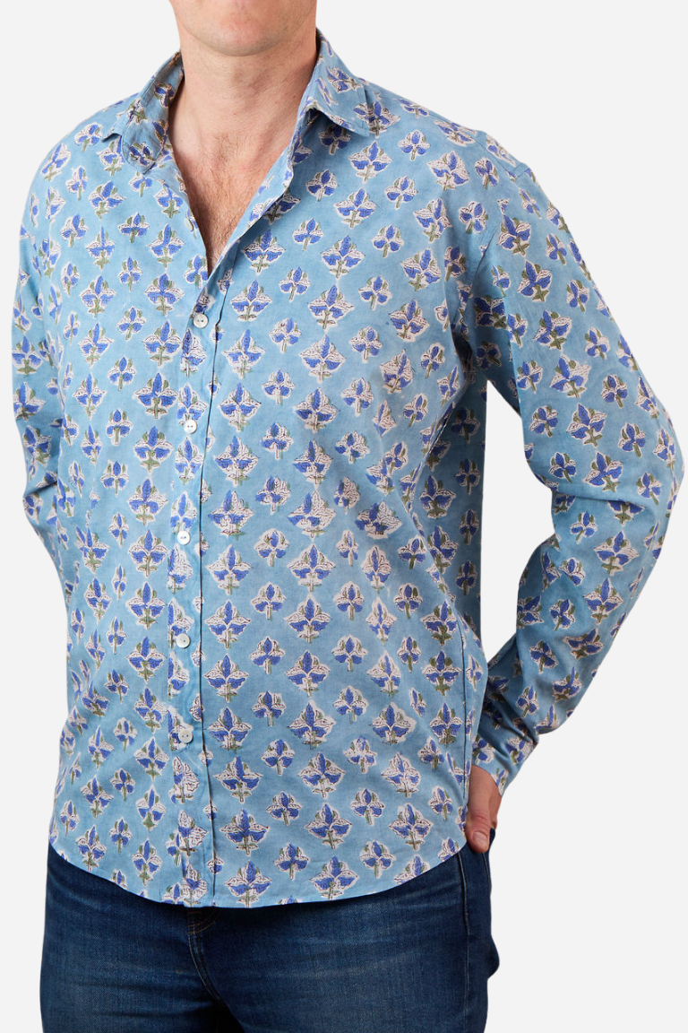 Classic collar Shirt Blue, Pink with Blue Flowers