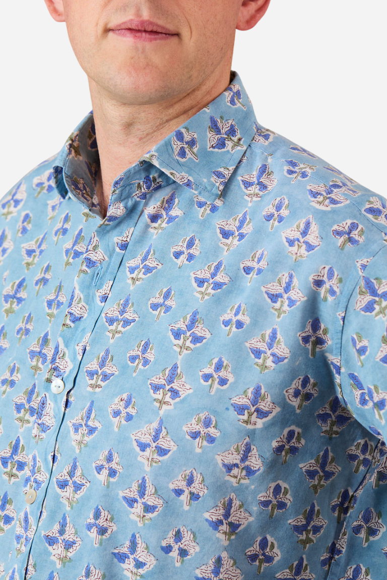 Classic collar Shirt Blue, Pink with Blue Flowers