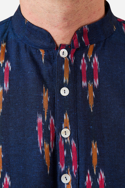 Kurta style Shirt - Navy with Yellow and Red Ikat