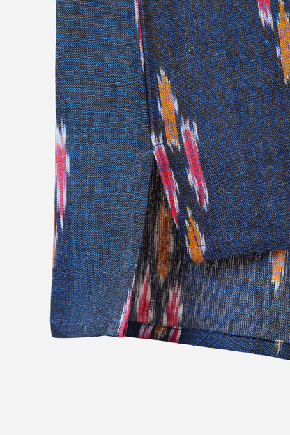 Kurta style Shirt - Navy with Yellow and Red Ikat