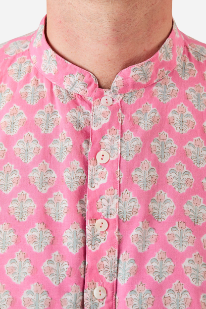 Kurta-style band collar Shirt Blue, Pink with Blue Flowers
