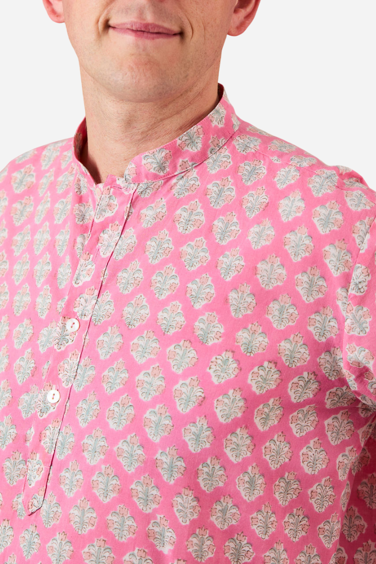 Kurta-style band collar Shirt Blue, Pink with Blue Flowers