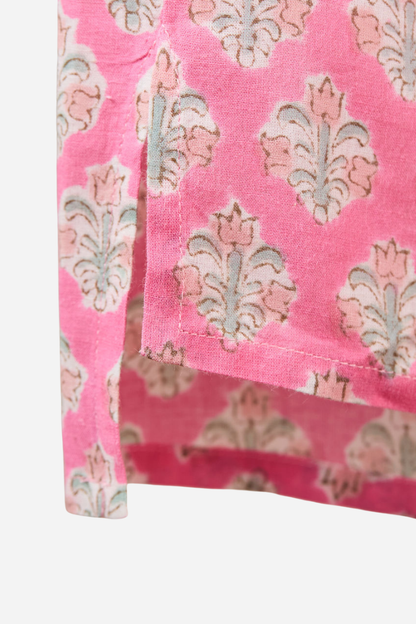 Kurta-style band collar Shirt Blue, Pink with Blue Flowers