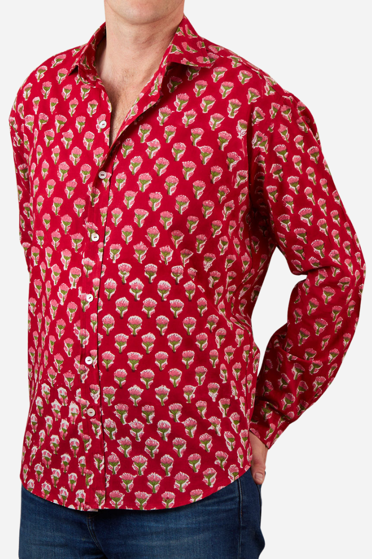 Classic Shirt Red with Green and Pink Flowers