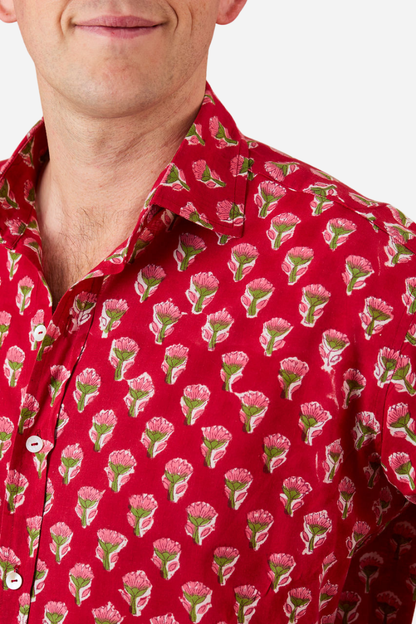 Classic Shirt Red with Green and Pink Flowers