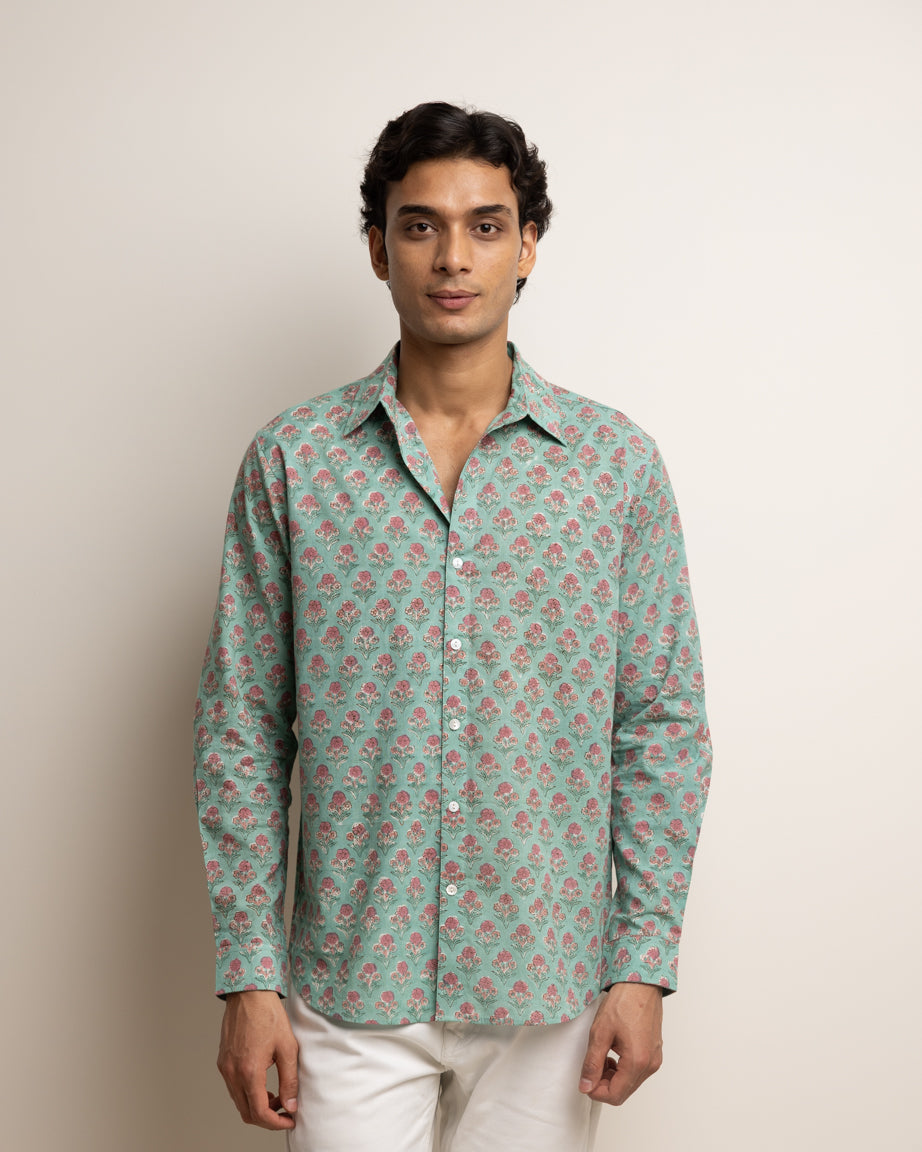CLASSIC SHIRT — VIRIDIAN GREEN WITH PINK FLOWERS