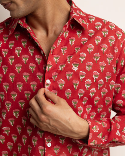 CLASSIC SHIRT —  RED WITH GREEN & PINK FLOWERS