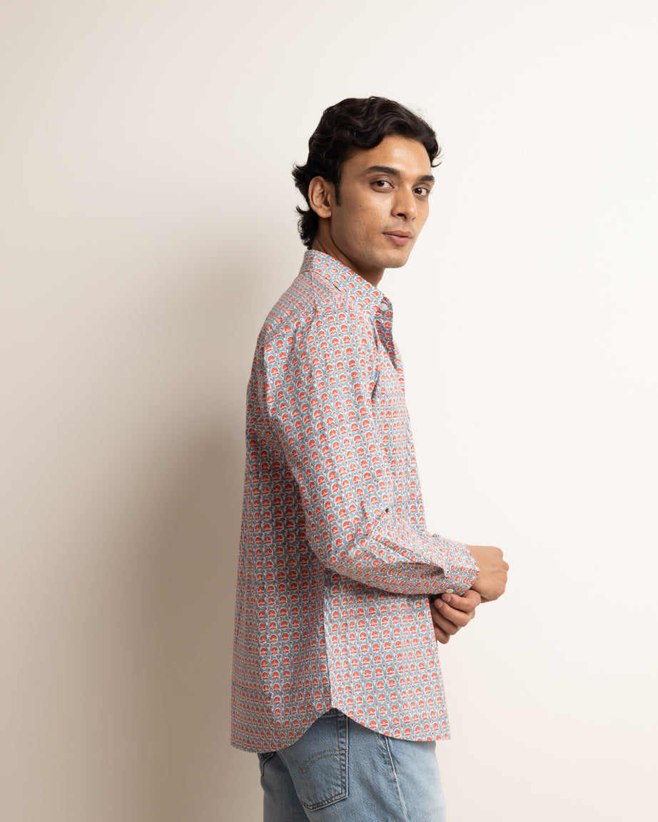 CLASSIC SHIRT - DUSTY BLUE & CORAL BUTI