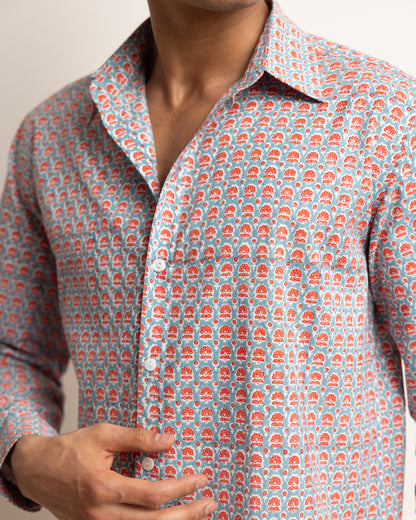 CLASSIC SHIRT - DUSTY BLUE & CORAL BUTI