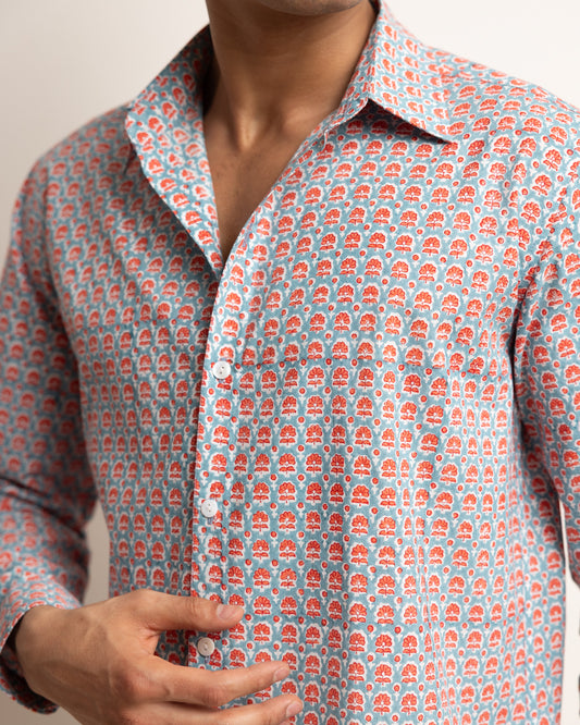 CLASSIC SHIRT - DUSTY BLUE & CORAL BUTI